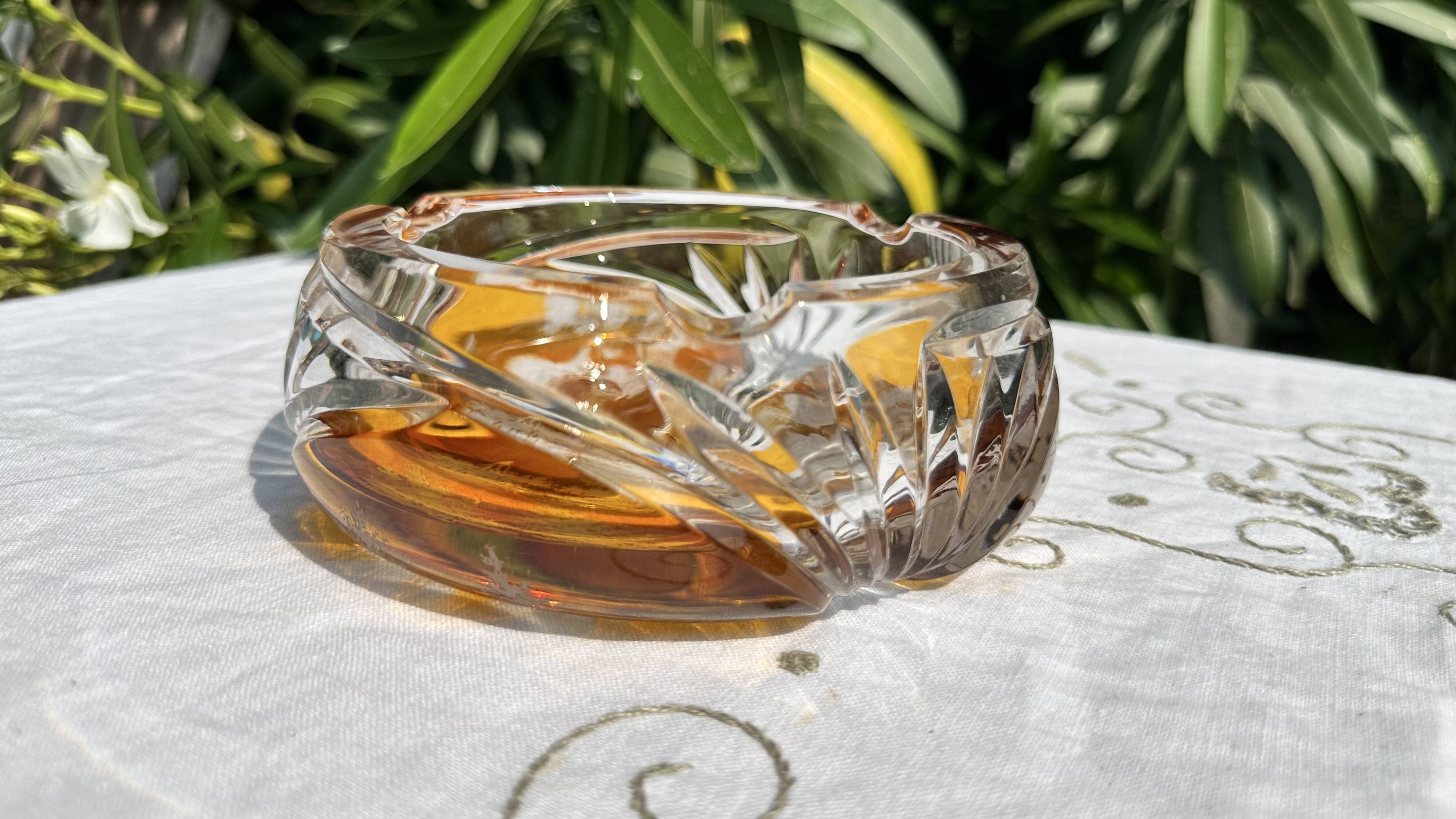 Magnificent Vintage Bohemian Ashtray in Cut Crystal of Yellow Orange