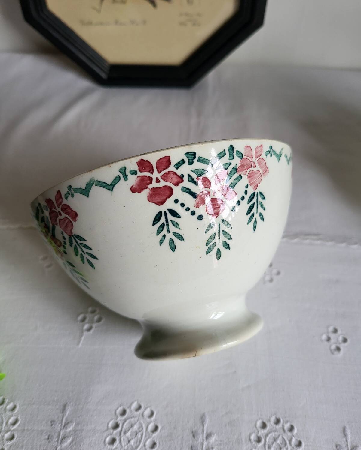 Old Bowl in Earthenware with Flower Decoration Marked underneath M