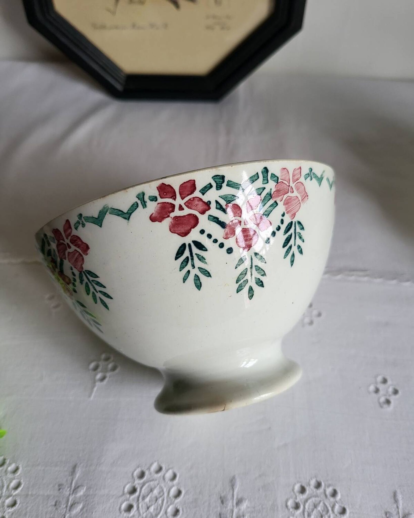 Old Bowl in Earthenware with Flower Decoration Marked underneath M