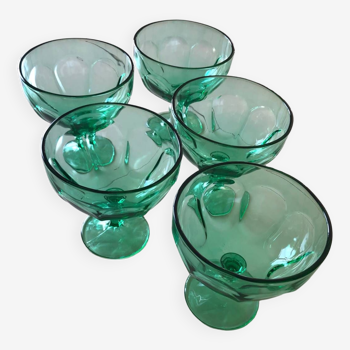 5 vintage green glass ice cream bowls