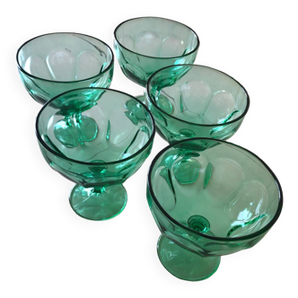 5 coupes à glace sur pied en verre vert Vintage