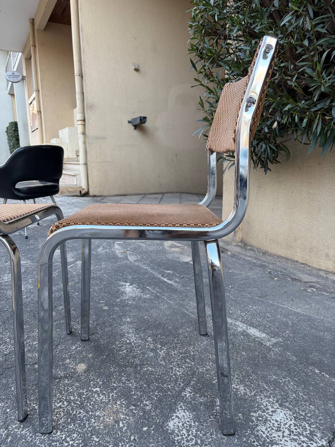 Pair of vintage velvet patterned chairs/steel from the 70s.