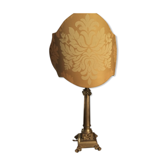 Bronze lamp-colon ewith paralumo in yellow damask