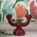 Burgundy enameled ceramic candlestick / candelabra signed CS