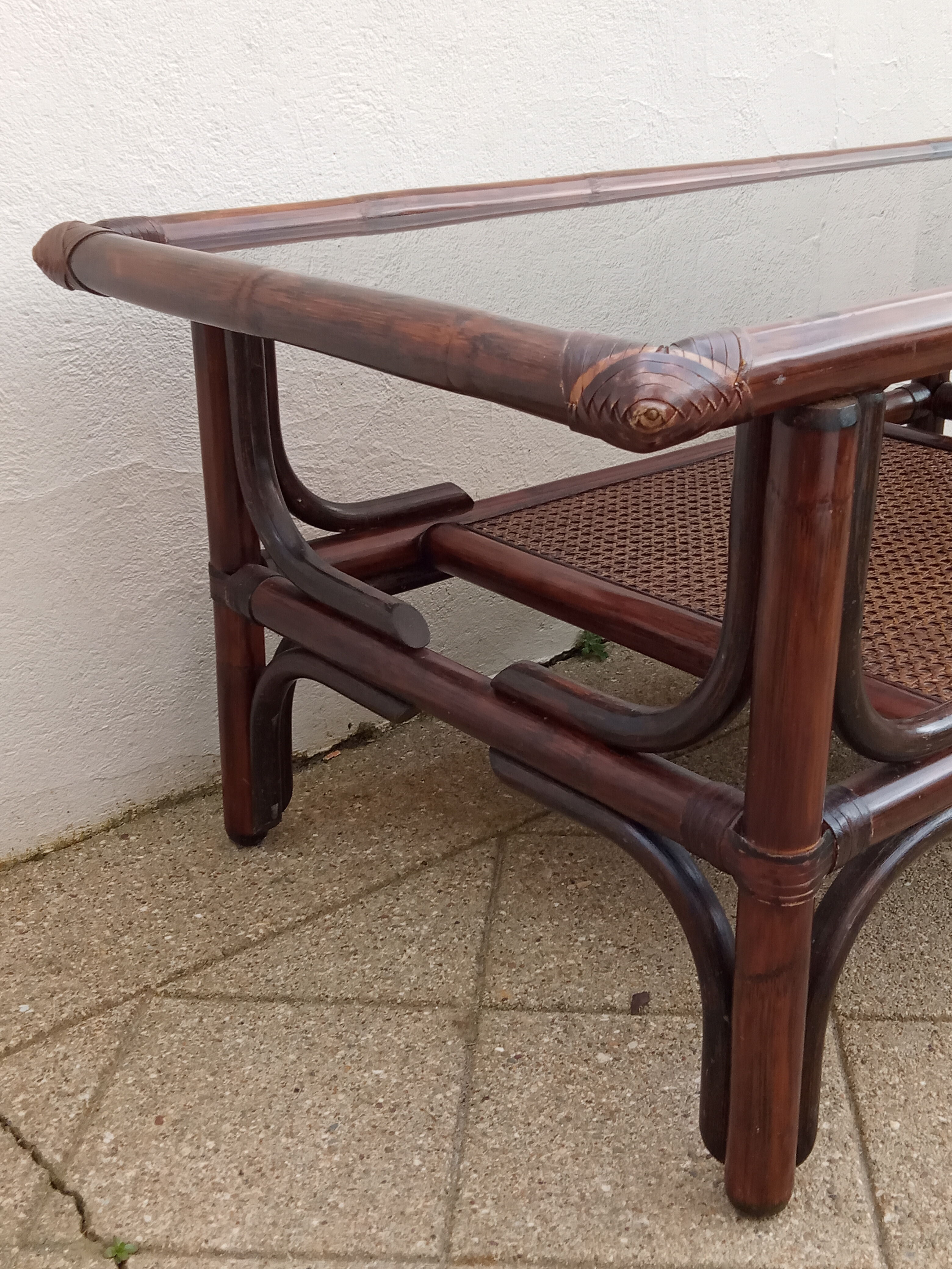 Vintage rattan coffee table and smoked glass