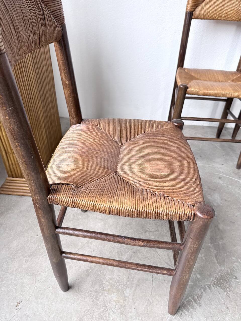 Set of 6 straw and oak Beauche chairs.