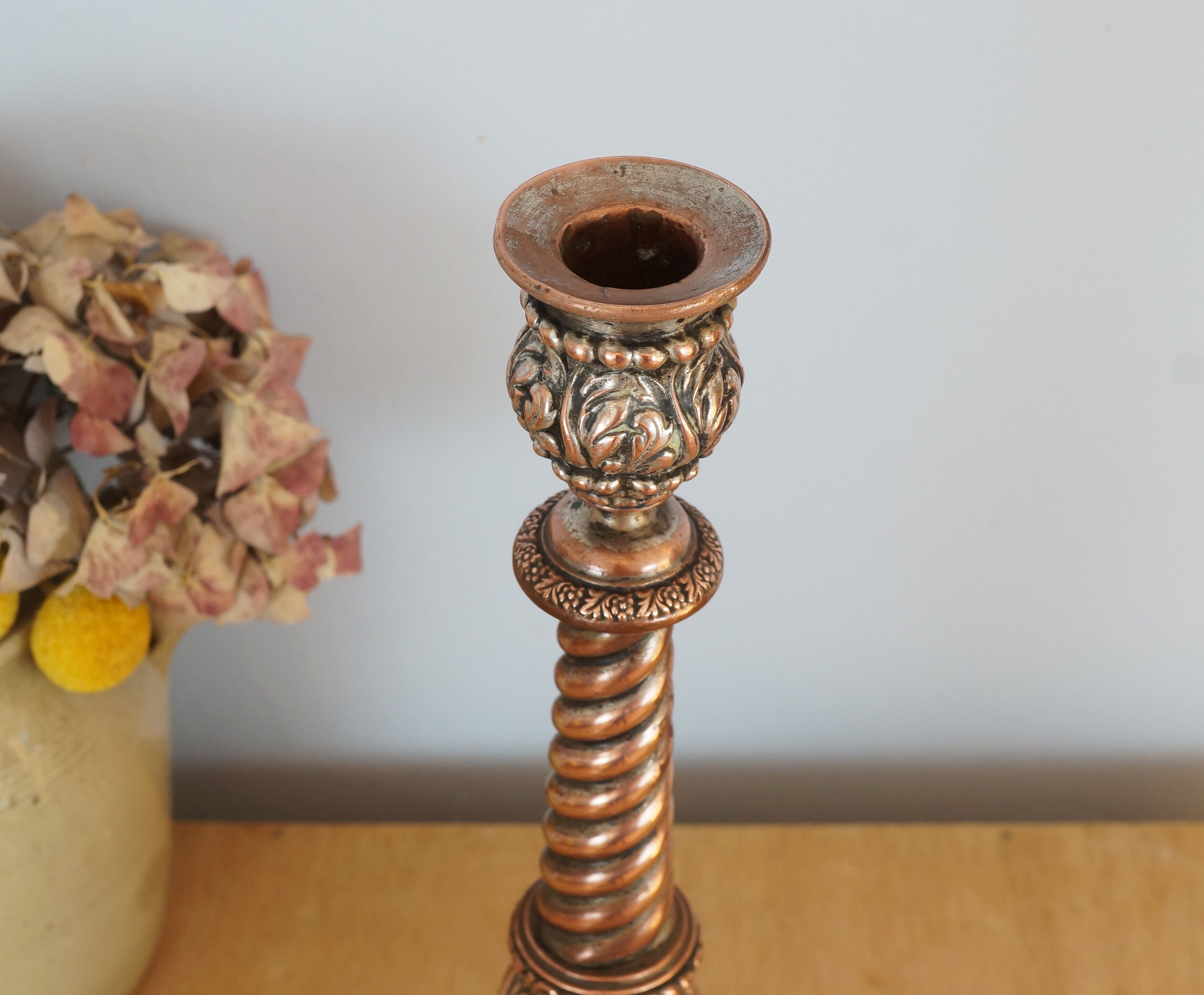 Handmade copper candle holder in hammered metal, vintage