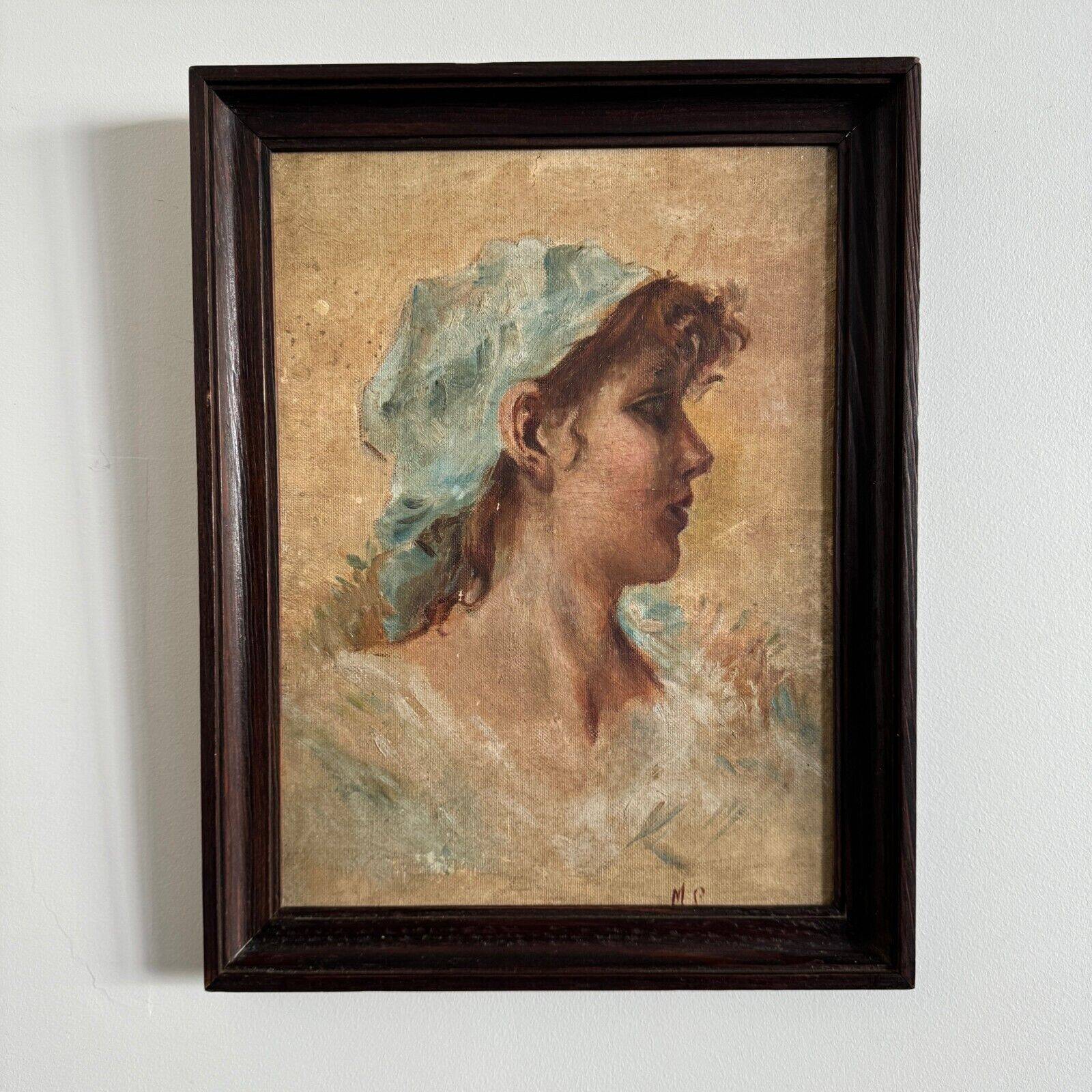 Oil on Isorel portrait of a young girl with a blue scarf, monogrammed MP