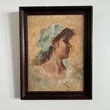 Huile sur isorel, portrait de jeune fille au foulard bleu monogramme MP