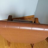 Scandinavian brown skai and wood armchair