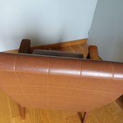 Scandinavian brown skai and wood armchair