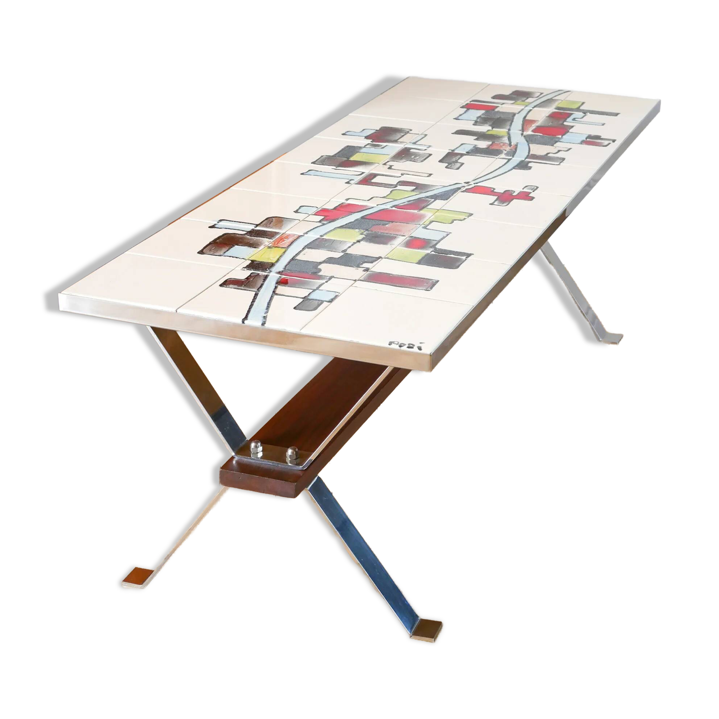 Table basse Space Age en céramique, pieds en chrome et teck, signée, 1970