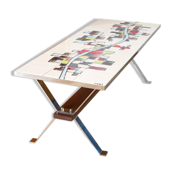 Table basse Space Age en céramique, pieds en chrome et teck, signée, 1970