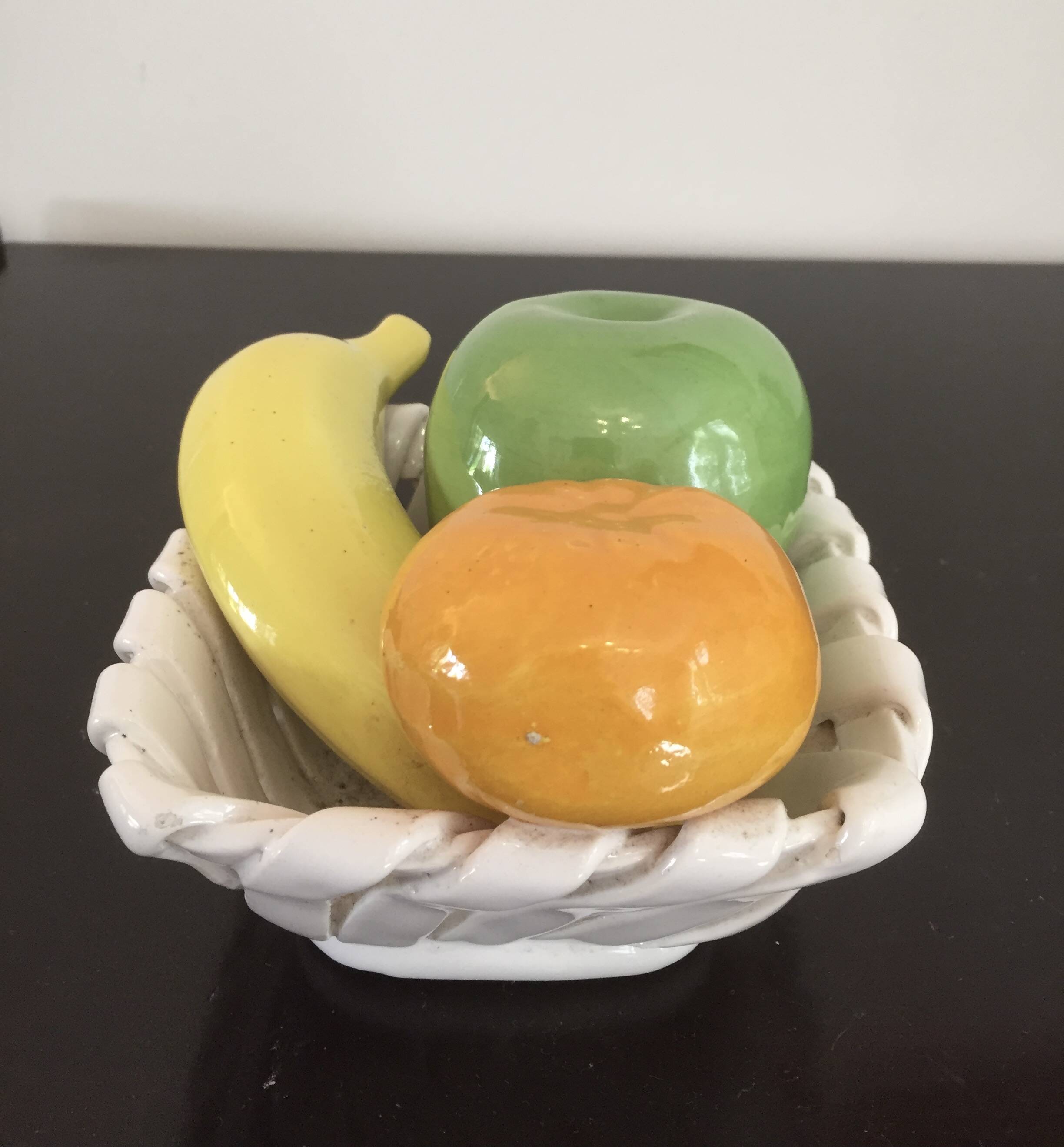Corbeille panier coupe fruits - trompe l'oeil - céramique - vintage 70/80 -