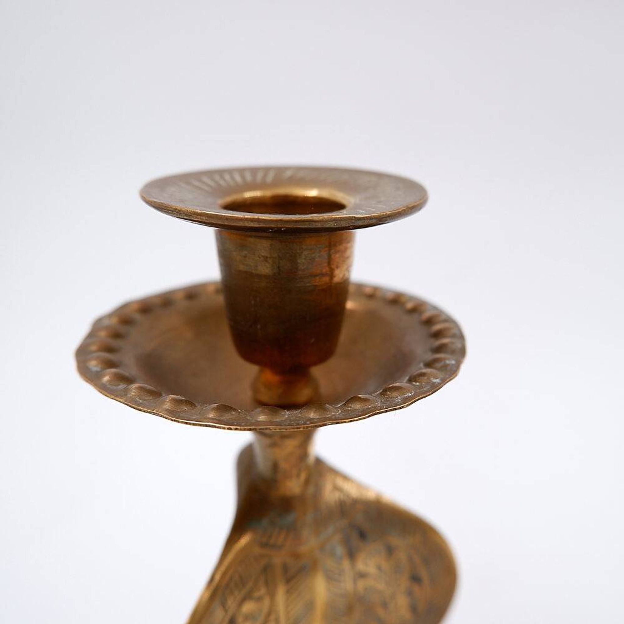 Pair of engraved brass cobra candlesticks - 1960s