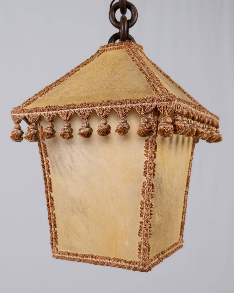 Suspension lanterne en parchemin et passementeries, France, 1960s