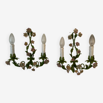 Pair of porcelain flower wall lights