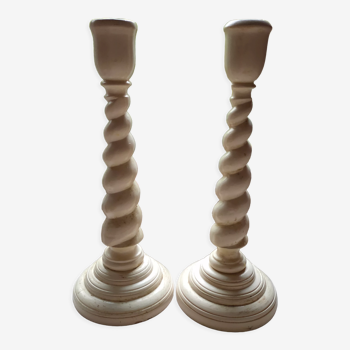 Pair of twisted wooden candle holders.