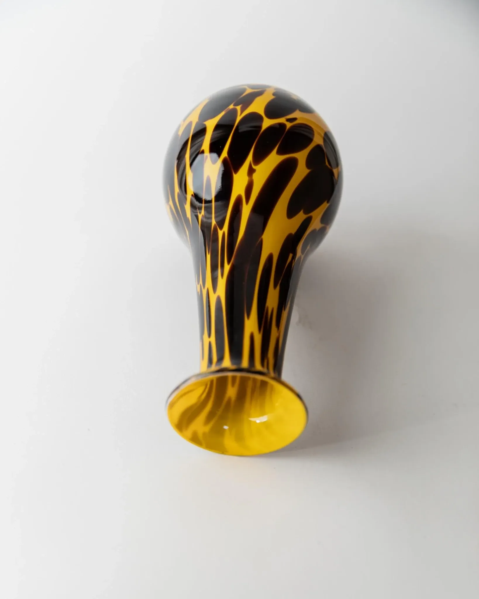 Vintage Murano glass vase from the 1990s, yellow art glass with black spots, postmodern Italian design.