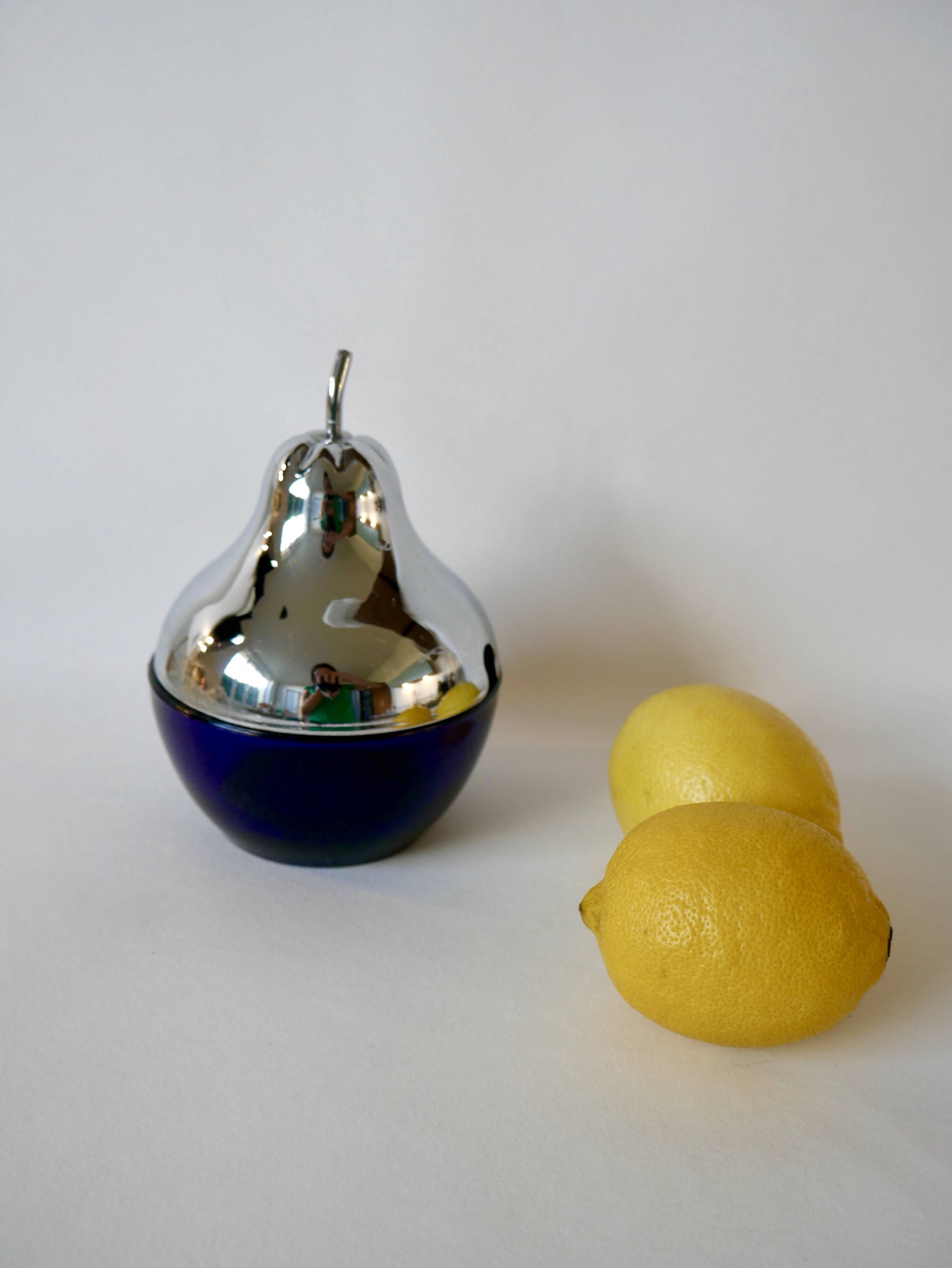 Pear butter dish in silver metal and blue glass from the 70s
