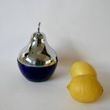 Pear butter dish in silver metal and blue glass from the 70s
