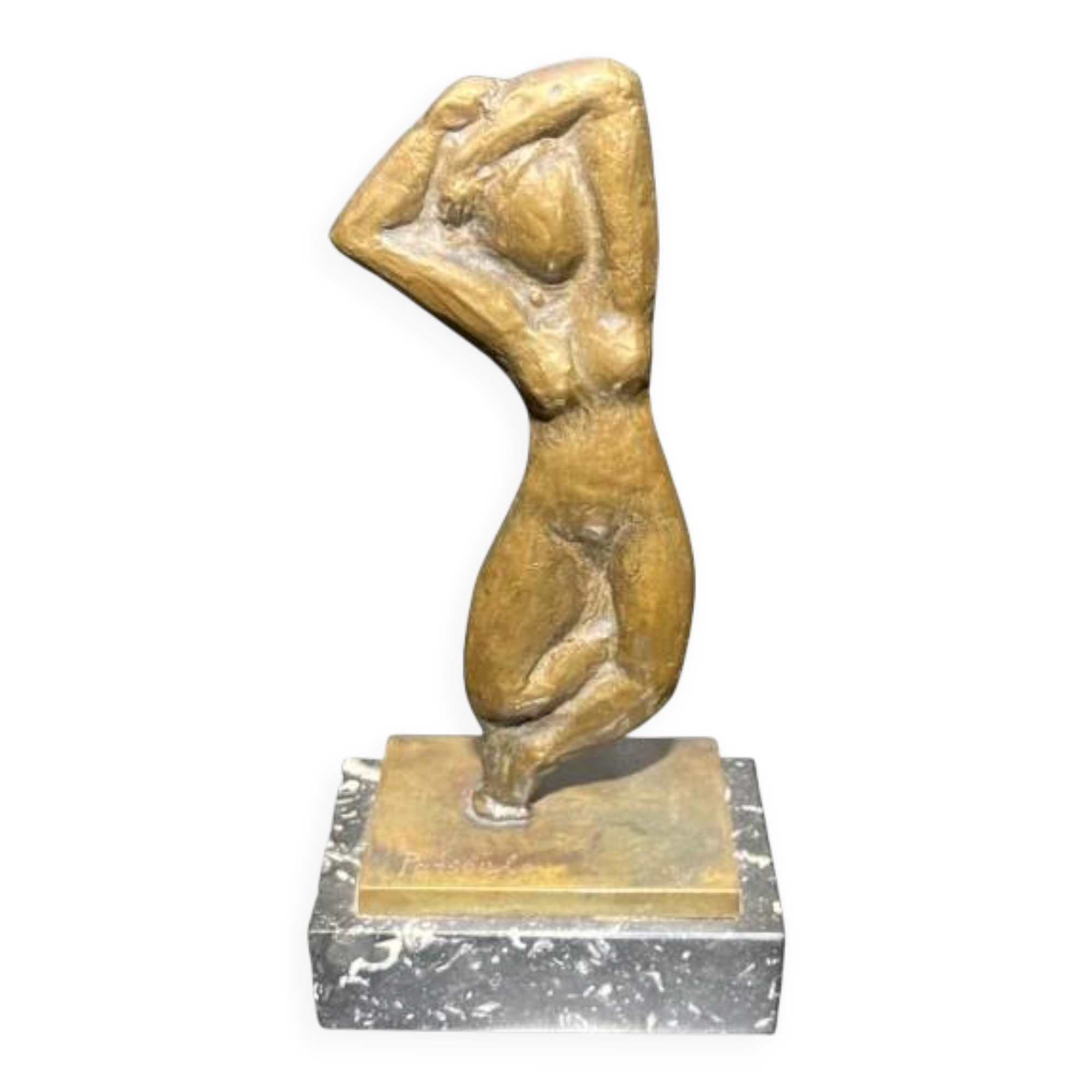 Bronze sculpture of a nude woman on a marble base, signed Patsoglo