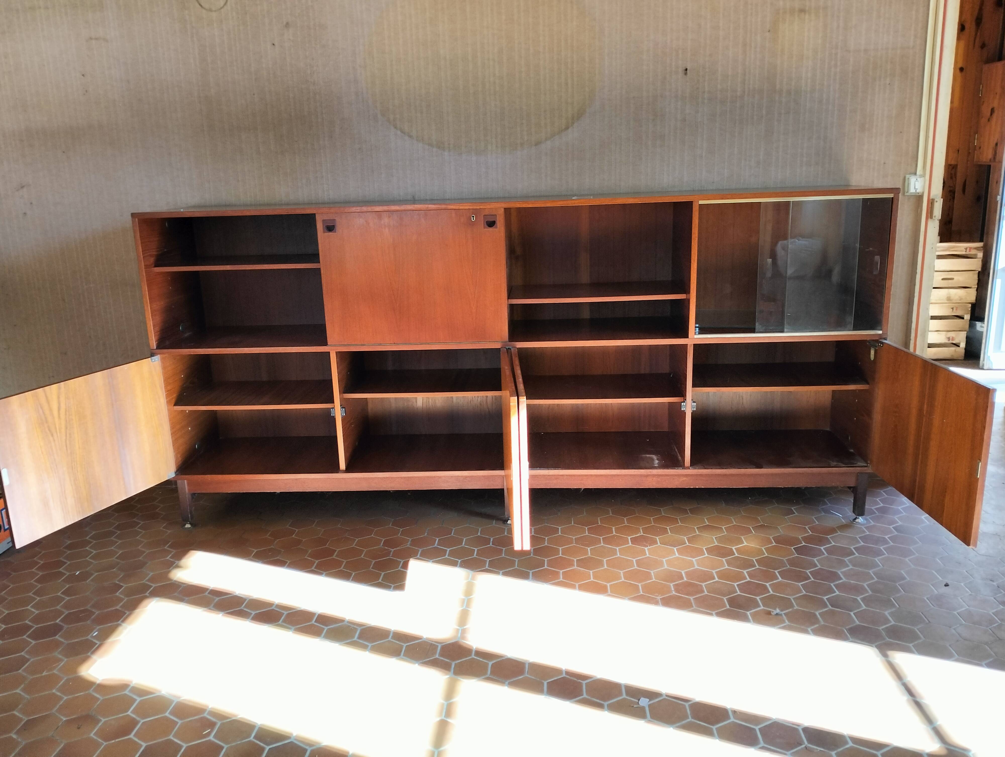 Teak multi TV unit by André Monpoix from the 1960s.