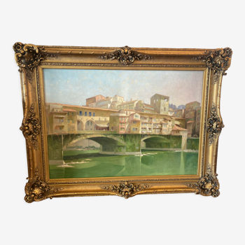 Huile sur toile représentant le "Ponte Vecchio" à Florence.