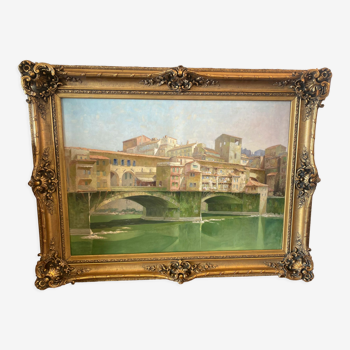 Oil on canvas depicting the "Ponte Vecchio" in Florence.