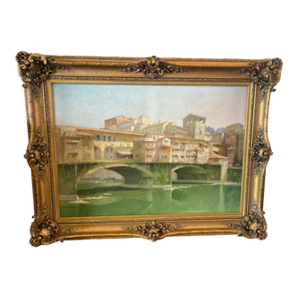 Huile sur toile représentant le "Ponte Vecchio" à Florence.