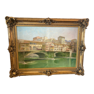 Oil on canvas depicting the "Ponte Vecchio" in Florence.