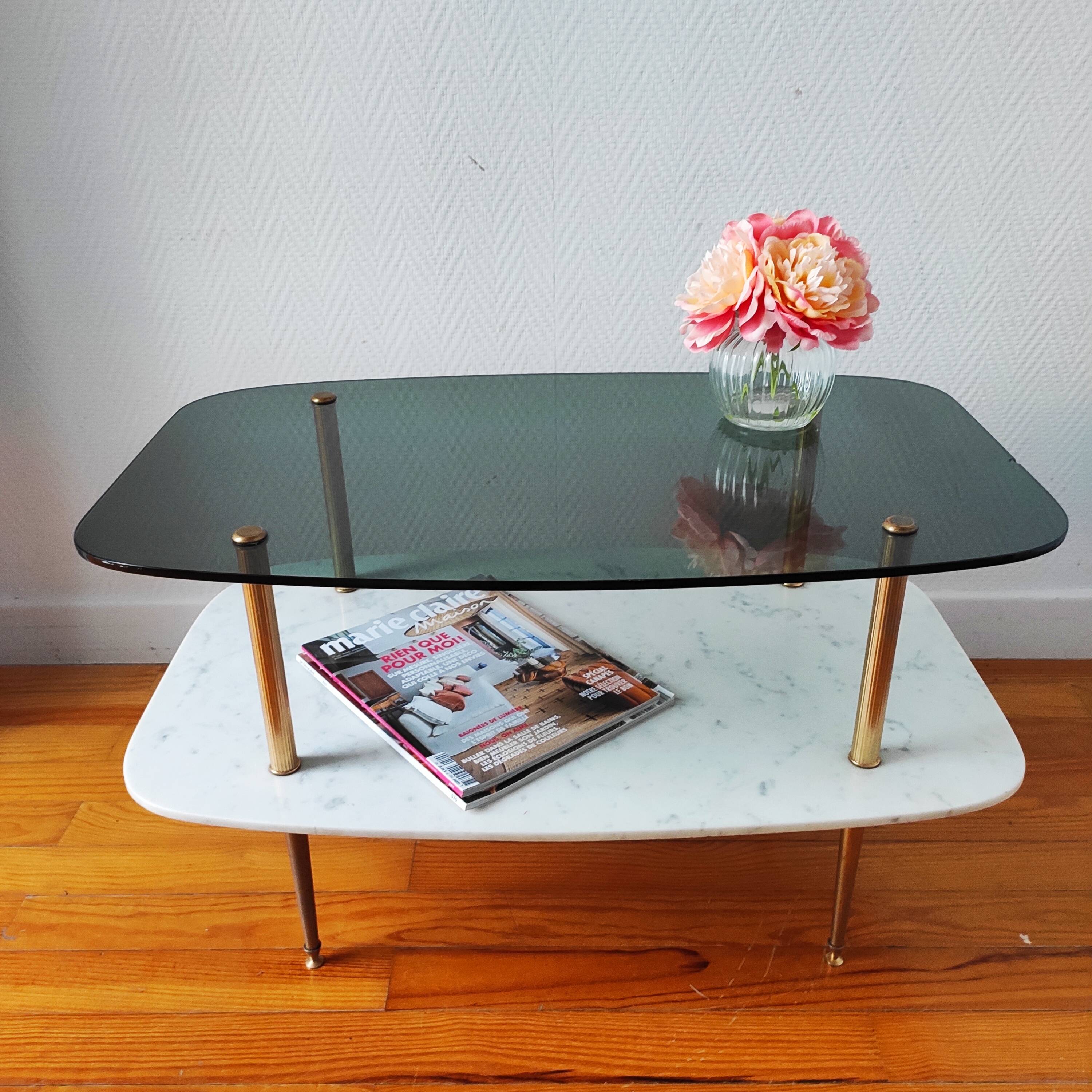 Vintage 1960 glass and marble coffee table