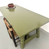 Glossy olive green lacquered dining table — DLG Georges Robert, Circa 1970