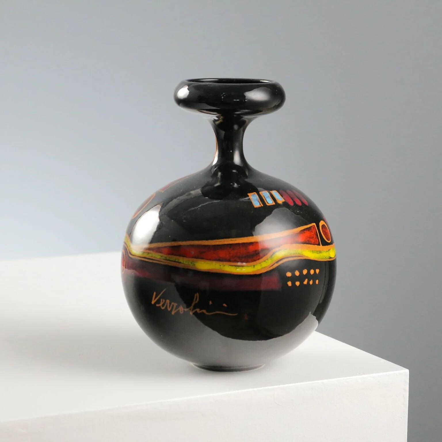 Vintage Verzolini ceramic vase with colourful decoration, Italy, 1970s.
