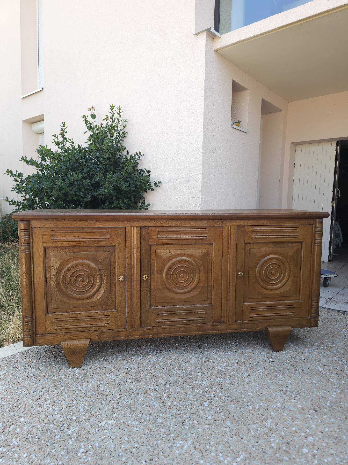 Solid oak sideboard, brutalist and Art Deco work, mid-century.