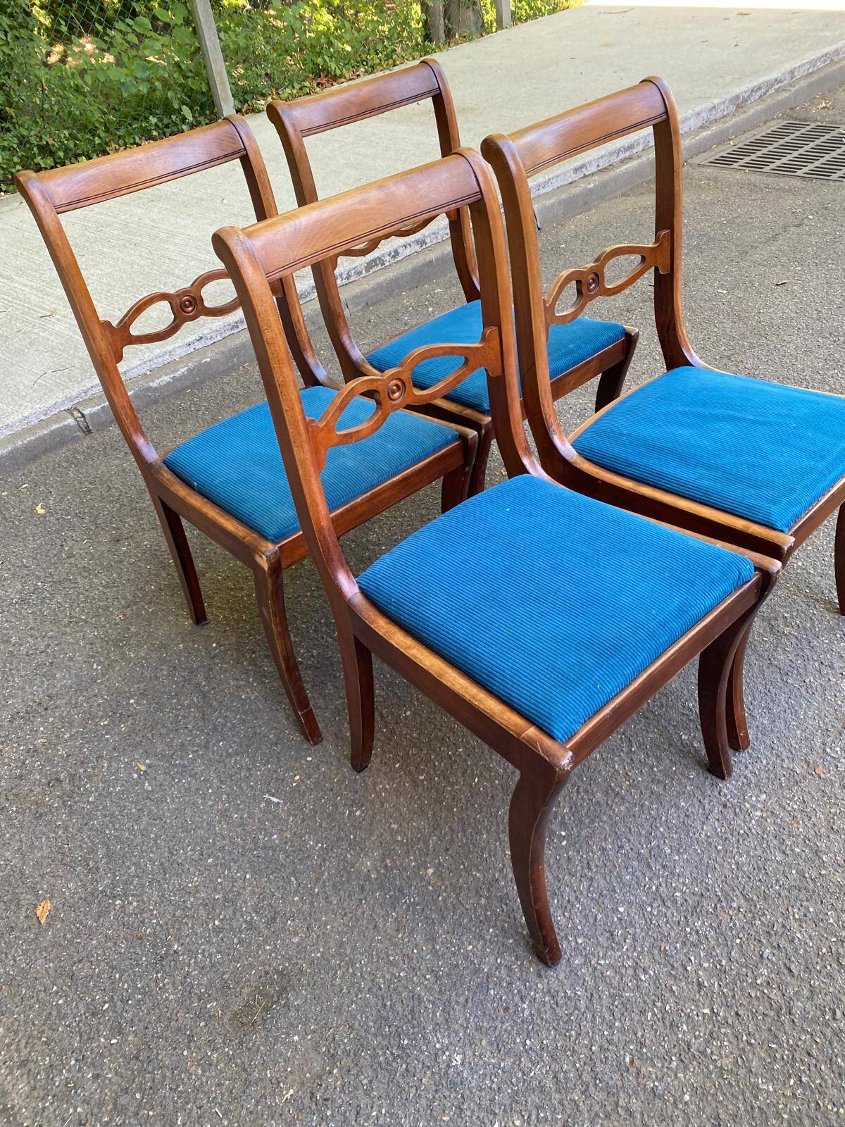 4 solid wood dining chairs with blue velvet fabric