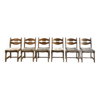 Chaises de Salle à Manger en Bois et Tissu attribuées à Guillerme Et Chambron, 1950s, Set de 6