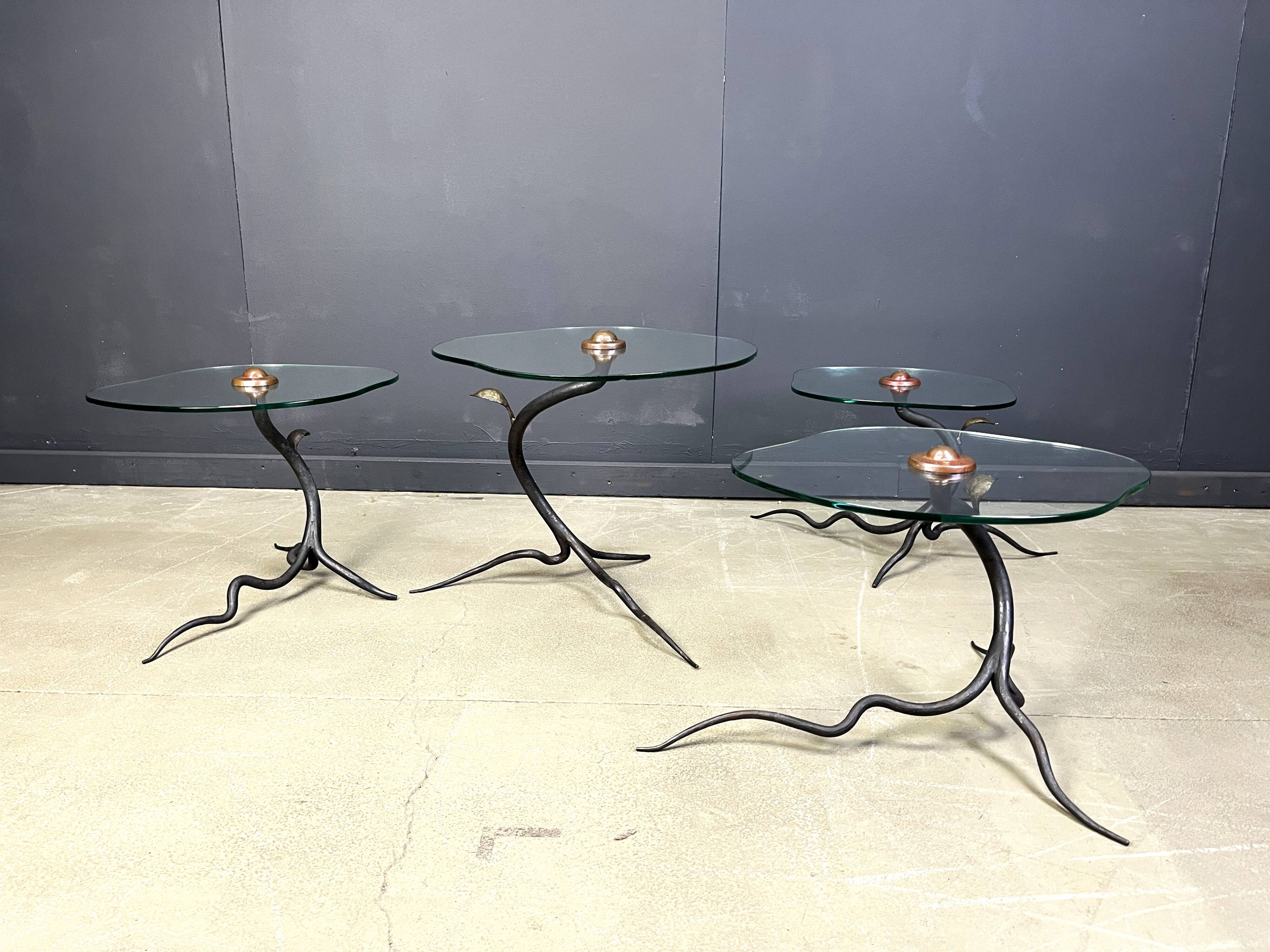 Ensemble de tables basses vintage en fer forgé et verre, années 1970 - Belgique