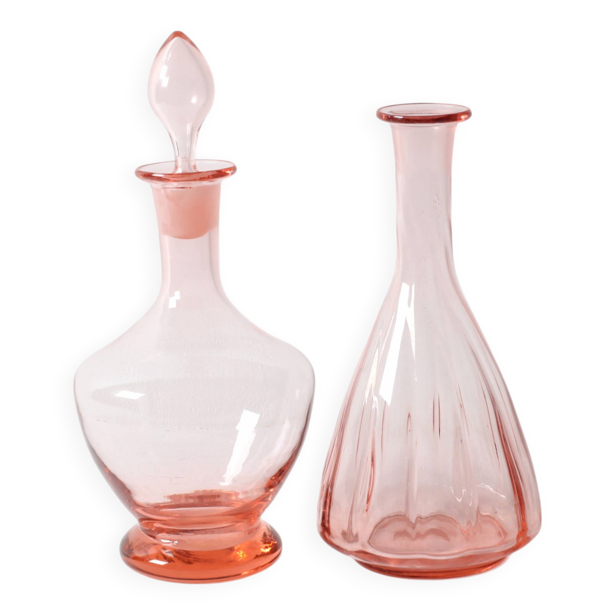Pair of Rare Vintage Pink Glass Decanters / Empoli / Italy / 1930s