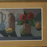 Mid-century original Swedish oil on panel still life with pot plant