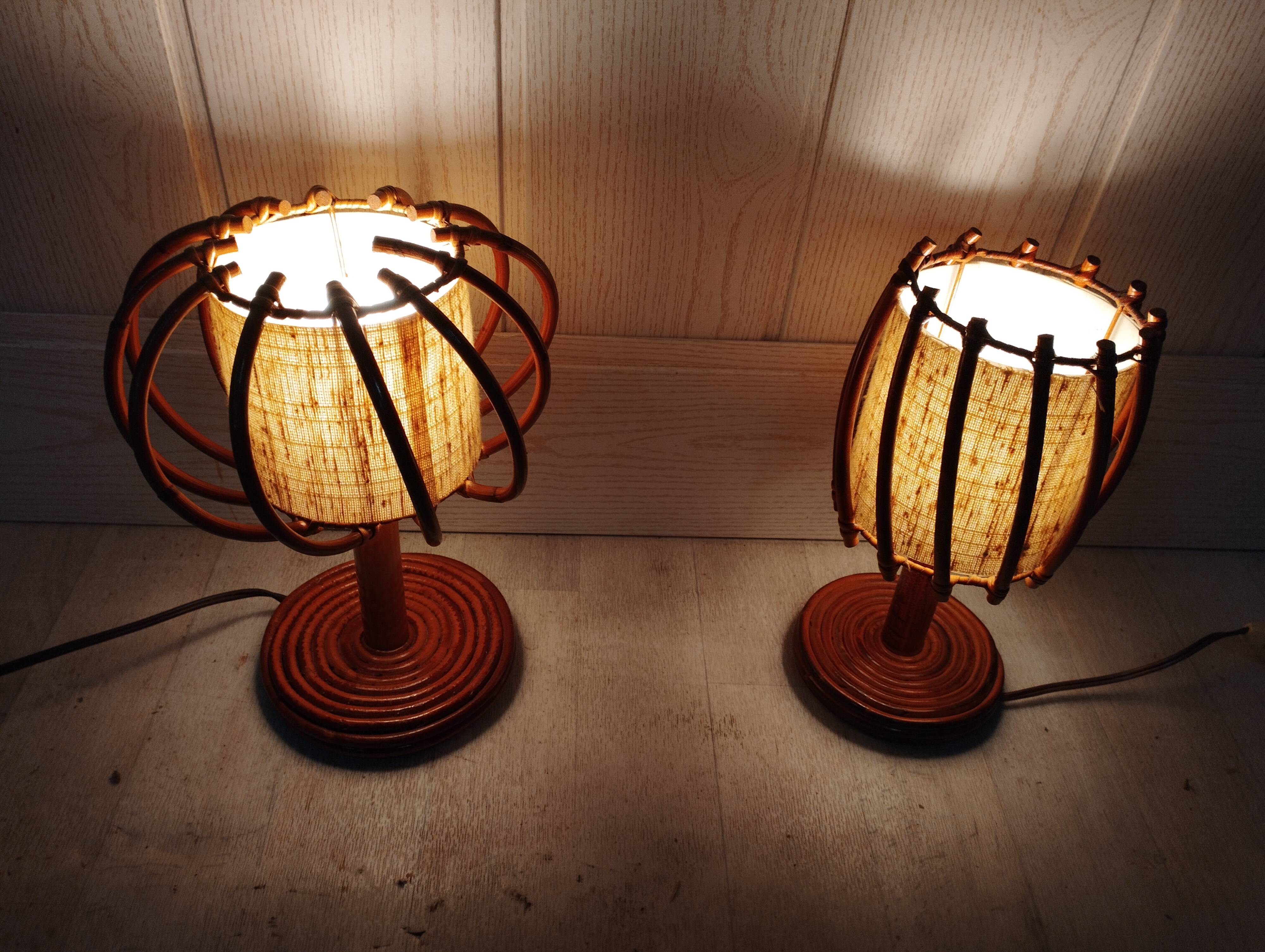 Pair of Louis Sognot rattan bedside lamps