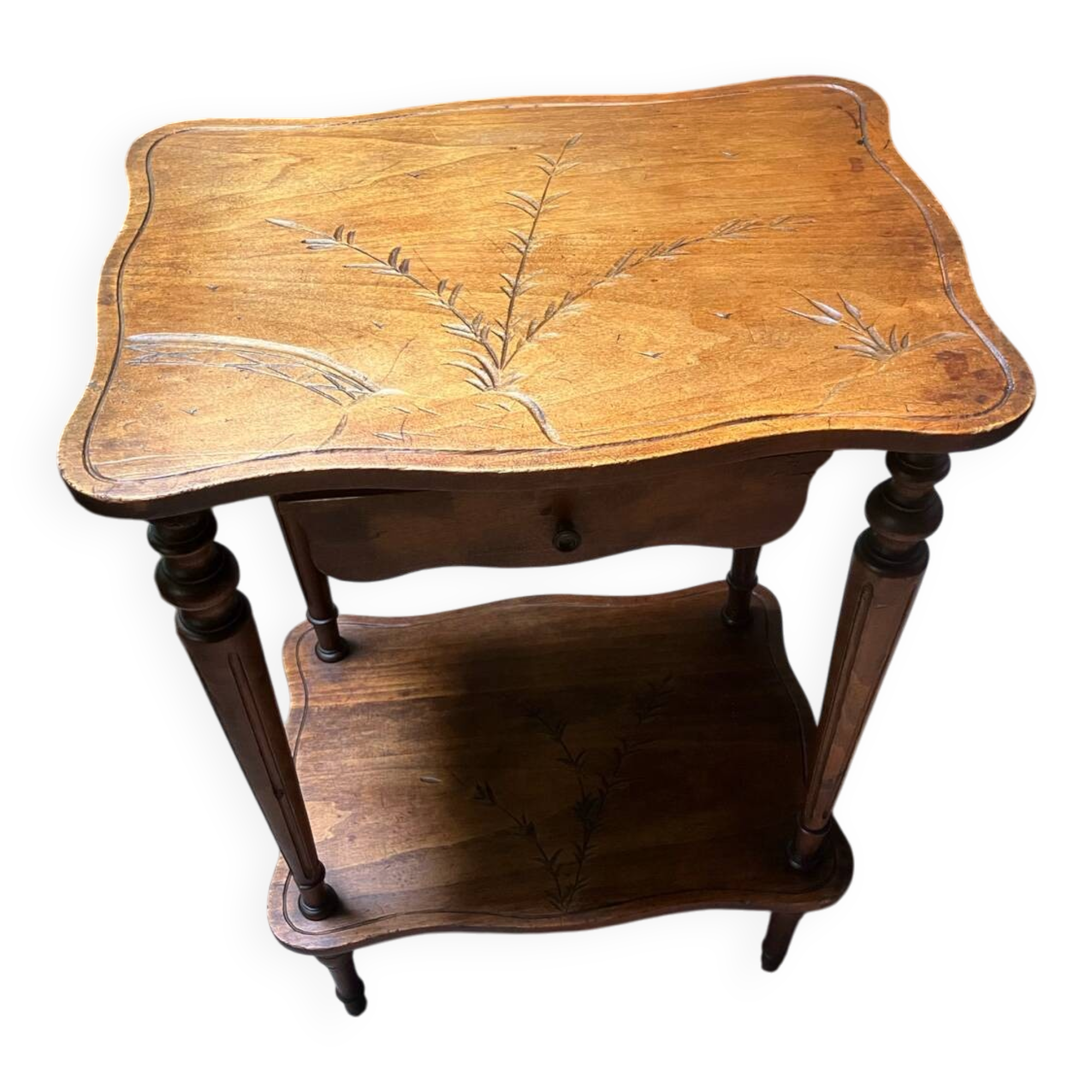 Side table, carved wood, 1900, with drawer.