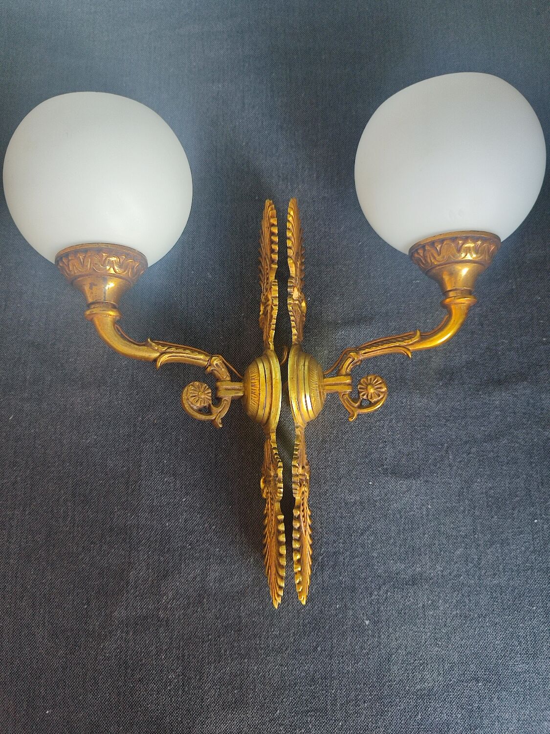 Pair of vintage brass and opaline wall lights