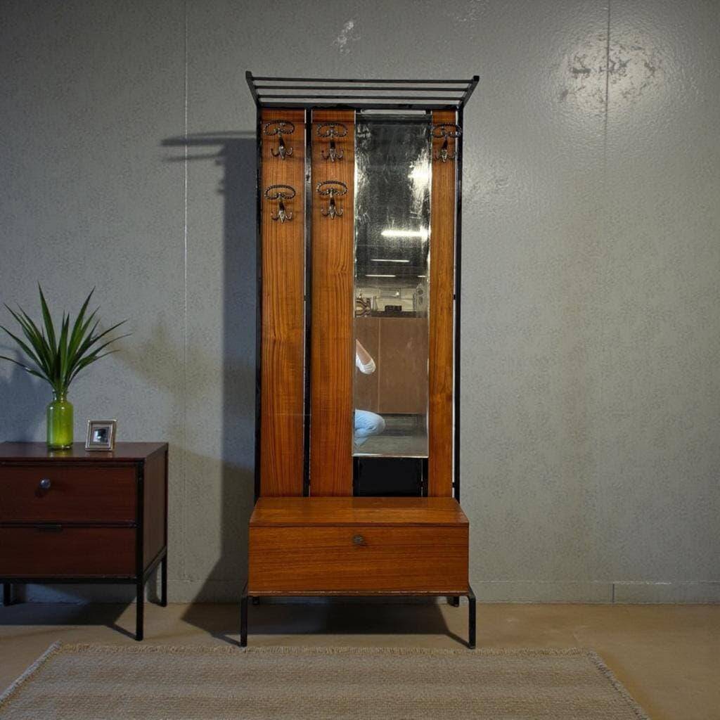 Vintage wooden coat rack with mirror