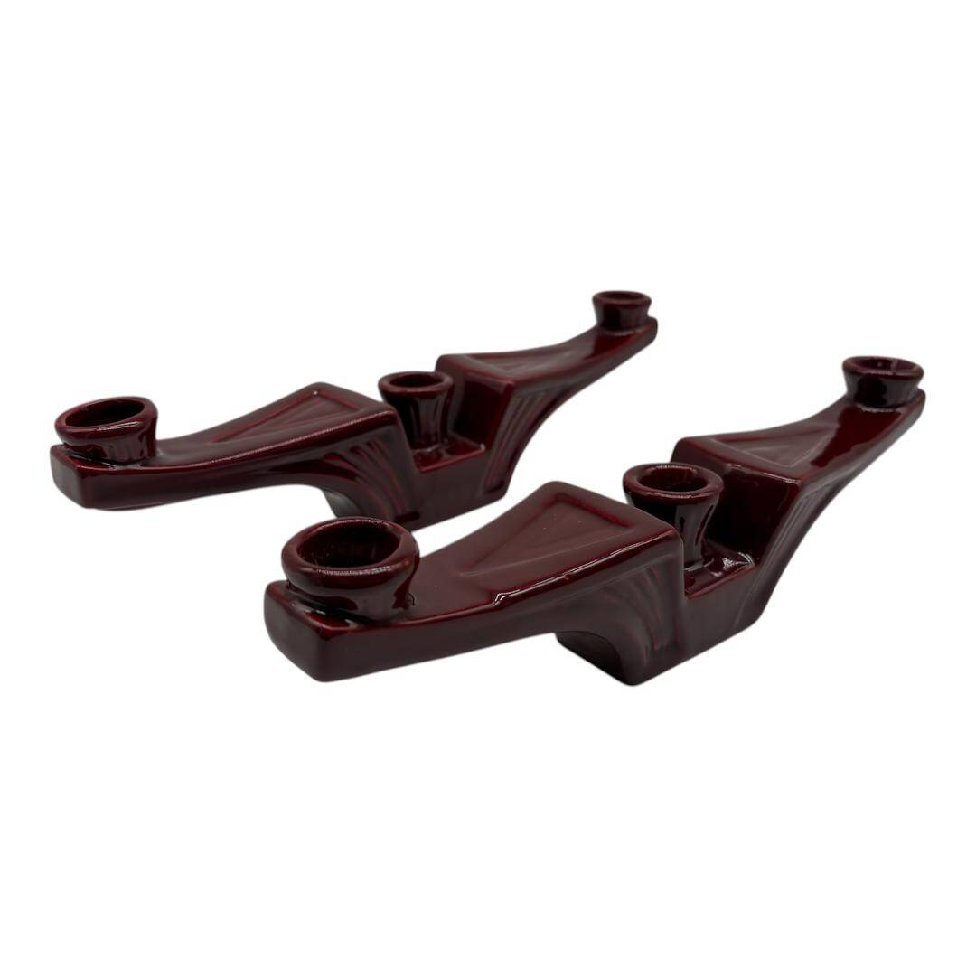 Pair of Art Deco Saint Clément candlesticks, burgundy earthenware, vintage, 3 lights.