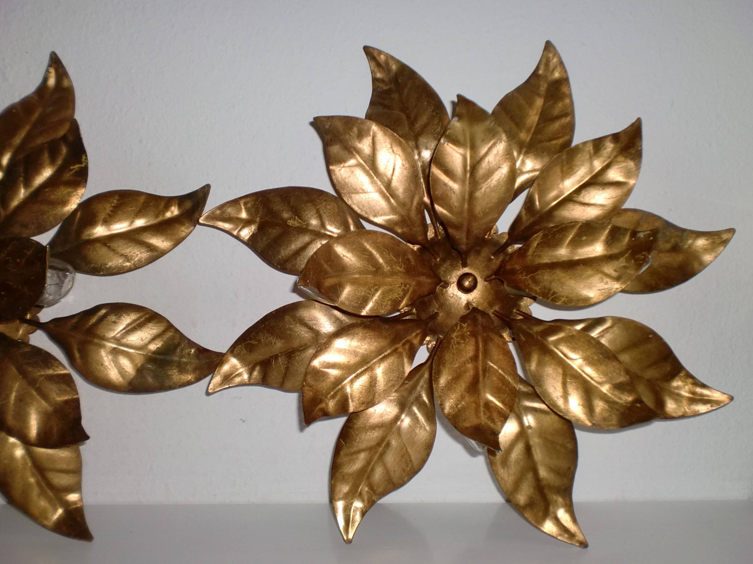 Pair of Florentine Wall Lamps / Ceiling Lights Golden Metal Leaves