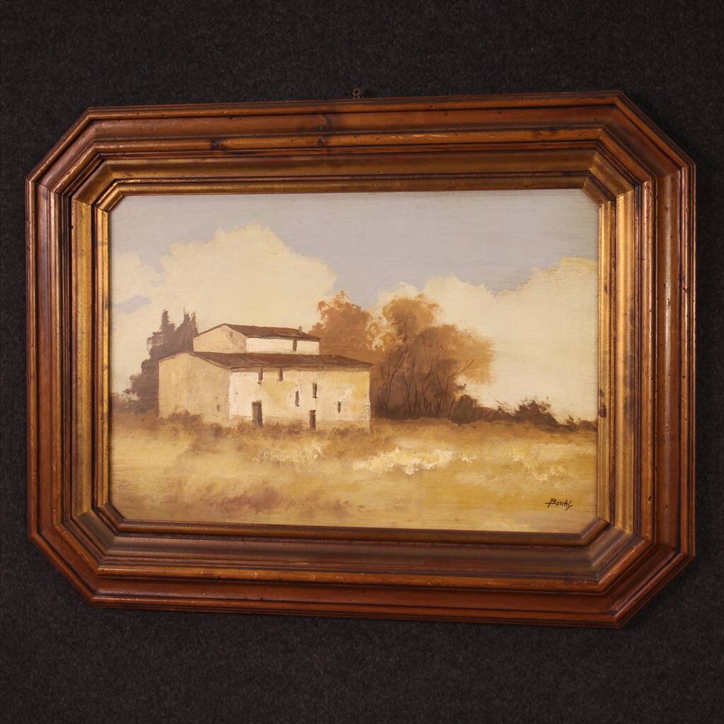 Signed painting landscape with a small house from the 20th century