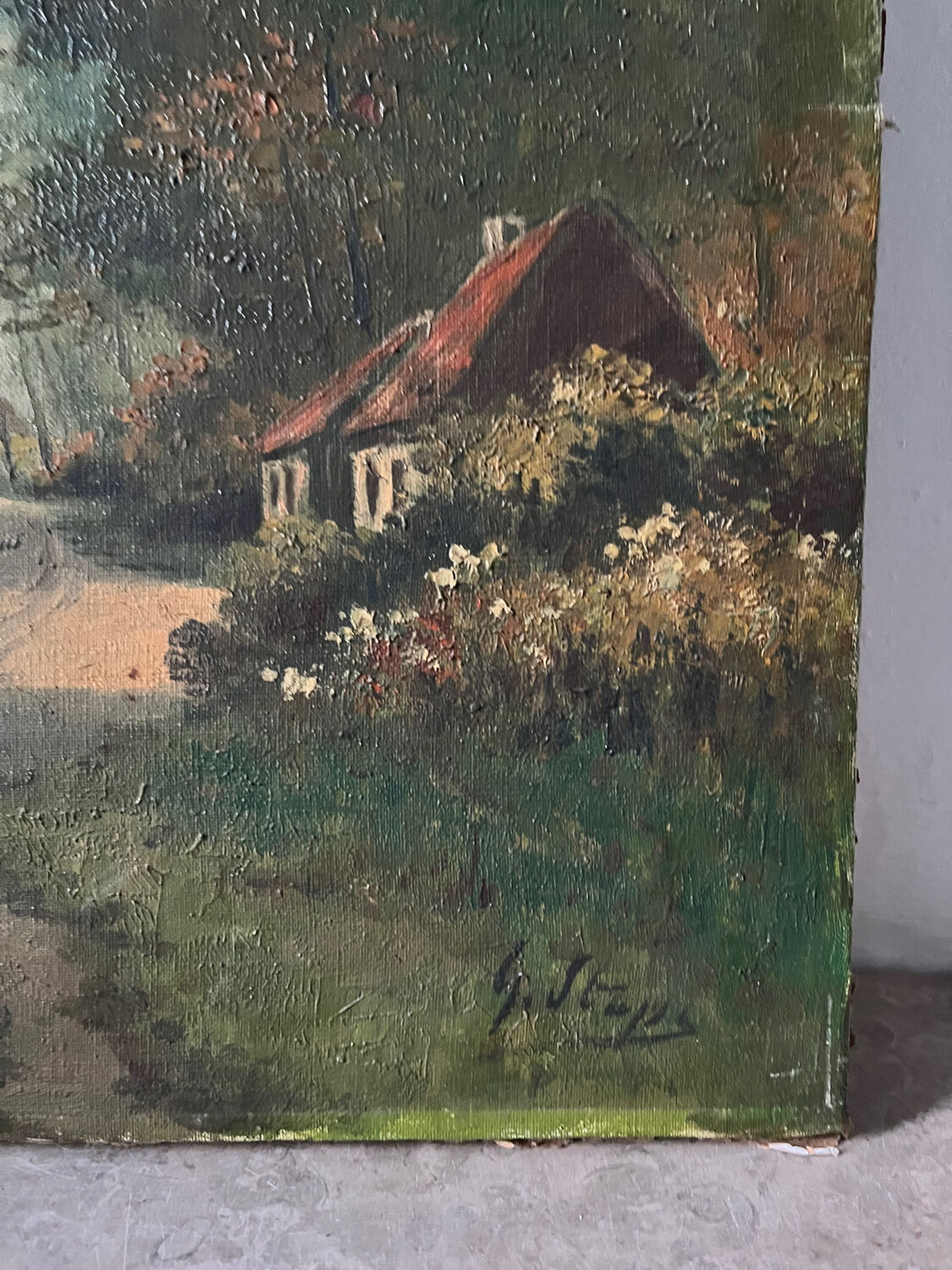Cottage in the woods, oil on canvas signed