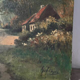 Cottage in the woods, oil on canvas signed