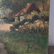Cottage in the woods, oil on canvas signed